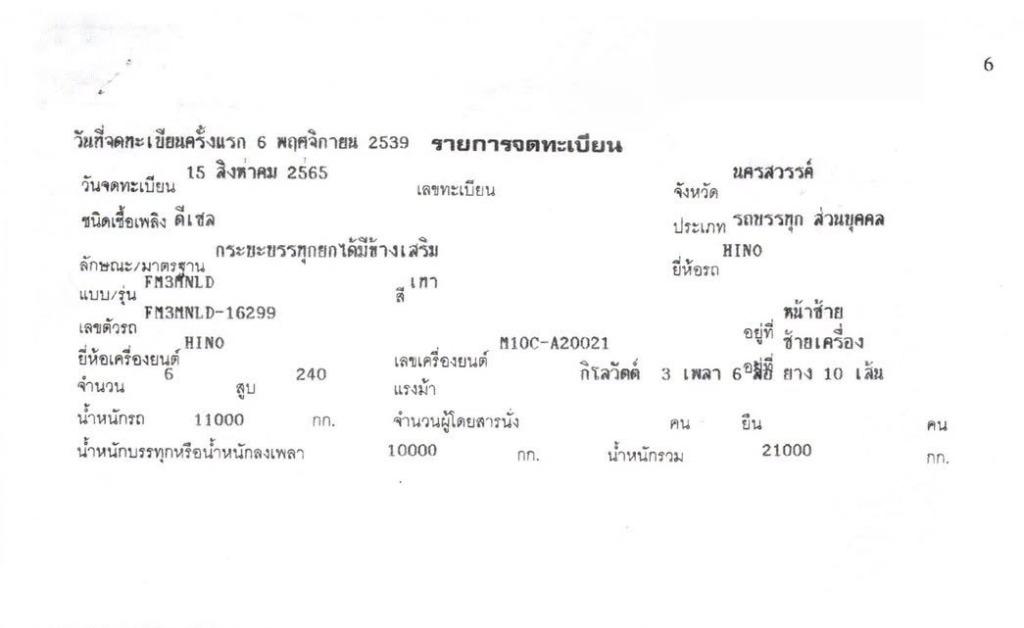 เล่มคู่มือรายการจดทะเบียนรถ HINO FM3M 2539